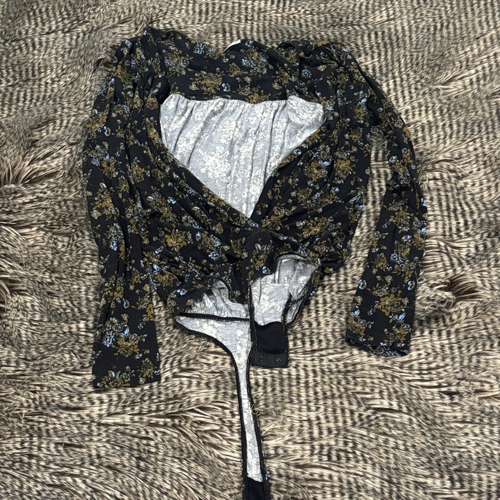 Free People Black Bodysuit with Blue and Gold Floral Design
